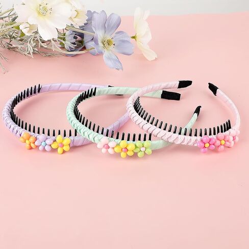 3 PCS Girls Headbands, Colorful Heart Flower Headbands for Kids, Non-slip Headbands with Teeth, Toddler Hair Accessories for Toddler Girls and Teens (Flower Hairbands) in Saudi Arabia