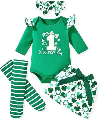 fioukiay My First St Patrick's Day Baby Girls Outfit Romper Clover Bow Skirt with Headband Infant Newborn Clothes Set in Saudi Arabia