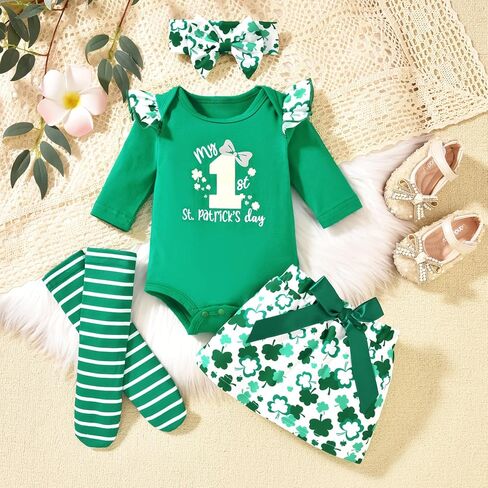 fioukiay My First St Patrick's Day Baby Girls Outfit Romper Clover Bow Skirt with Headband Infant Newborn Clothes Set in Saudi Arabia