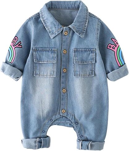 Infant Baby Boys Girl Clothes Denim Romper Cartoon Print Long Sleeve Bodysuit Jumpsuit One Piece Jeans in Kuwait