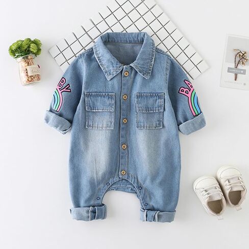 Infant Baby Boys Girl Clothes Denim Romper Cartoon Print Long Sleeve Bodysuit Jumpsuit One Piece Jeans in Kuwait