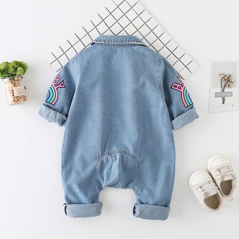 Infant Baby Boys Girl Clothes Denim Romper Cartoon Print Long Sleeve Bodysuit Jumpsuit One Piece Jeans in Kuwait