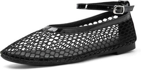 Women's Mesh Ballet Flats Shoes for Women Fishnet Ballet Flats Mary Jane Flats Round Toe Comfortable Dressy Netted Ballet Flats with Buckle Strap Black in Saudi Arabia