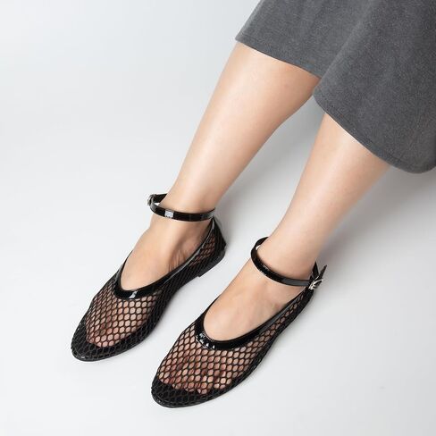 Women's Mesh Ballet Flats Shoes for Women Fishnet Ballet Flats Mary Jane Flats Round Toe Comfortable Dressy Netted Ballet Flats with Buckle Strap Black in Saudi Arabia