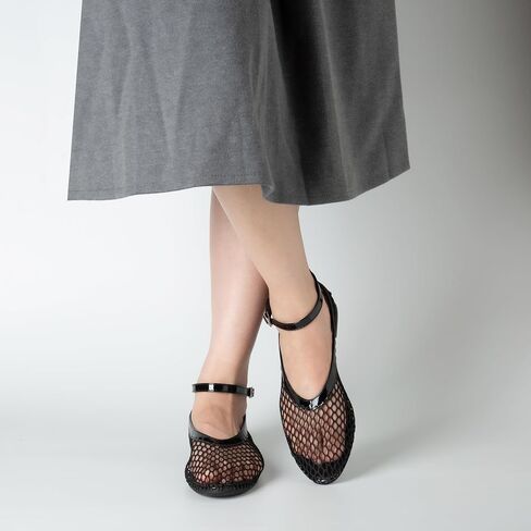 Women's Mesh Ballet Flats Shoes for Women Fishnet Ballet Flats Mary Jane Flats Round Toe Comfortable Dressy Netted Ballet Flats with Buckle Strap Black in Saudi Arabia