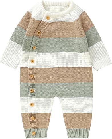 Infant Girl Boy Striped Sweater Romper Button Up Long Sleeve Full Length Jumpsuit Newborn Baby Coming Home Outfit in Saudi Arabia