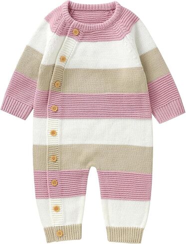 Infant Girl Boy Striped Sweater Romper Button Up Long Sleeve Full Length Jumpsuit Newborn Baby Coming Home Outfit in Saudi Arabia