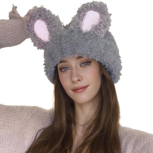 JUMISEE Cute Plush Bunny Ear Beanie Hats for Women Girls Y2K Rabbit Warm Winter Hat Skull Cap in Kuwait