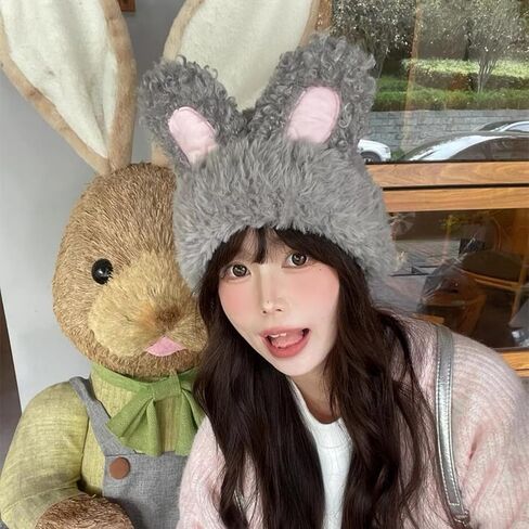 JUMISEE Cute Plush Bunny Ear Beanie Hats for Women Girls Y2K Rabbit Warm Winter Hat Skull Cap in Kuwait