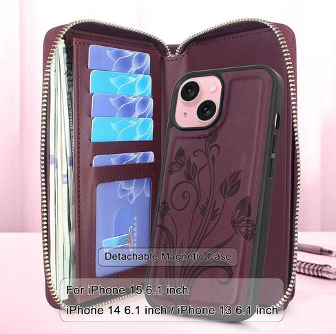 Lacass Case Wallet Compatible with iPhone 15 / iPhone 14 / iPhone 13, Crossbody Dual Zipper Detachable Leather Wallet phone case Cover (Floral Purple) in Kuwait
