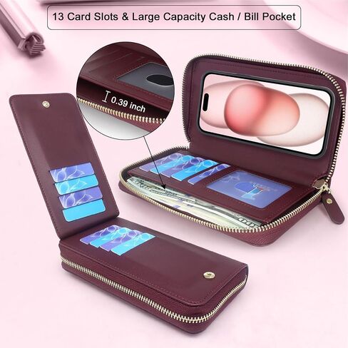 Lacass Case Wallet Compatible with iPhone 15 / iPhone 14 / iPhone 13, Crossbody Dual Zipper Detachable Leather Wallet phone case Cover (Floral Purple) in Kuwait