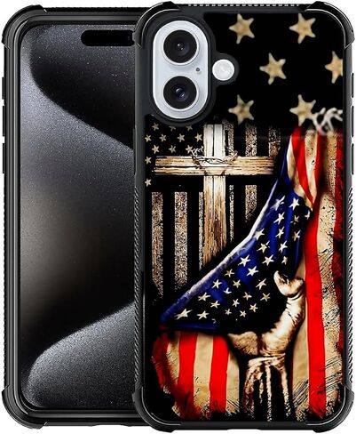 حافظة DAIZAG متوافقة مع هاتف iPhone 16، تصميم بنمط العلم الأمريكي الخشبي المتقاطع، حافظة لهاتف iPhone 16، غطاء حماية شامل مضاد للصدمات ومضاد للخدوش من مادة TPU in Kuwait