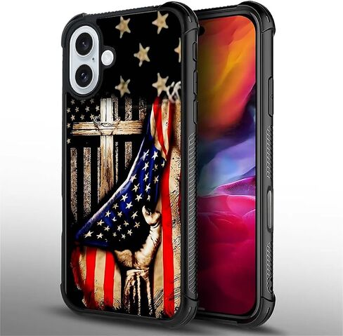 حافظة DAIZAG متوافقة مع هاتف iPhone 16، تصميم بنمط العلم الأمريكي الخشبي المتقاطع، حافظة لهاتف iPhone 16، غطاء حماية شامل مضاد للصدمات ومضاد للخدوش من مادة TPU in Kuwait
