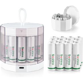 Soshine aa Rechargeable aa Batteries with Charger,12 Pack of 2000mAh High Capacity Low Self Discharge Ni-MH AA Rechargable Batteries with 12 Bay Charger White(USB Fast Charging, Independent Control)