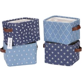 سلة تخزين صغيرة الحجم من Hinwo بحجم 4 لتر، سلة تخزين مربعة قابلة للطي من قماش الدنيم مع مقابض من جلد البولي يوريثان للأرفف والمكاتب، مجموعة من 4 قطع، 7.9 × 6.3 × 5.5 بوصة، أزرق داكن in Kuwait