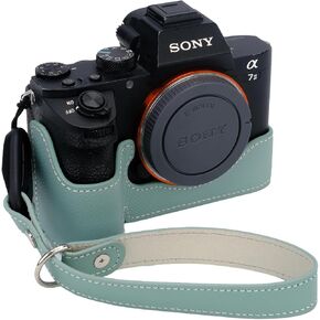 Bowan for Sony a7 III ILCE7M3/B Camera Case,Handmade Genuine Real Leather Half Camera Case Bag Cover for A7 Mark III, A7R III, A9 A7 II, A7R II Camera Bottom Opening Version + Hand Strap (Green)