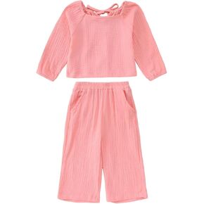 Toddler Baby Girl Linen Cotton Outfit Off Shoulder Long Sleeve Shirt Loose Pants Kid Fall Solid Causal Clothes Set