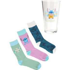 Disney Lilo and Stitch 3 Pairs of Socks And Pint Glass Gift Set Bundle