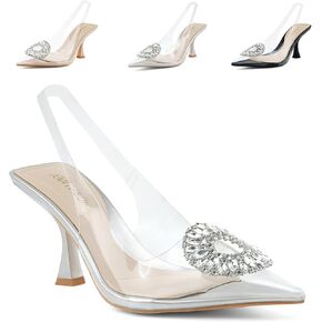 JENN ARDOR Clear Kitten Heels Sandals Slingback Closed Pointed Toe Crystal Rhinestones Wedding Bride Guest Dress High Sexy Party Pumps Comfortable Shoes for Women