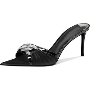 Women's Pointed Open Toe Mule Heels Rhinestone Stilettos Heeled Mules Dressy Slip On High Heels