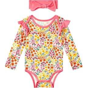 Bamboo Viscose Baby Girl Bodysuit with Hairband Set Ruffled Long Sleeve Infant Baby Girl Romper