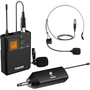 TONOR UHF Wireless Microphone System with Dual Headset Microphones/Lavalier Lapel Mics, Bodypack Transmitters, Mini Rechargeable Receiver, 2x15 Channels 200ft Range, for Recording Speech PA Speaker