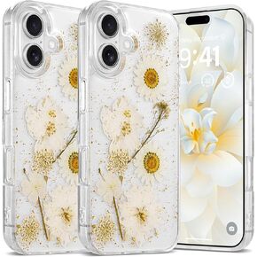 Floral Case for iPhone 16 Pro Max Clear Case with Real Dried Flower Patterns, Glitter Cute Flowers Design for Women Girls Slim Soft Edge Shockproof Phone Cover for iPhone 16 Pro Max (Daisy)