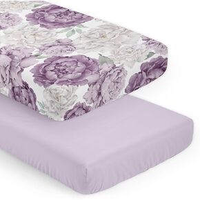 Sweet Jojo Designs Boho Shabby Chic Floral Girl Baby Fitted Crib Sheet Set Infant Newborn Nursery Toddler Bed Room Standard Mattress 2p Solid Purple Off White Ivory Bohemian Vintage Watercolor Nature