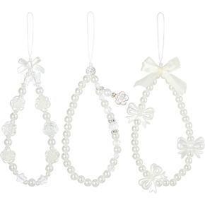 3PCS Phone Charm Set - Cute Butterfly Bow & Pearl Beaded Phone Charms Strap, Aesthetic Y2k Style Kawaii Phone Wrist Strap Lanyard for Women & Girls, White Pearl Chain Keychain