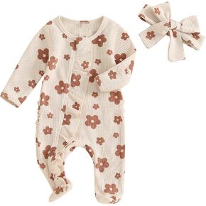 Adobabirl Newborn Coming Home Outfit Baby Girl Ruffle Romper Zipper Footie Jumpsuit Warm Fall Winter Clothes+Headband