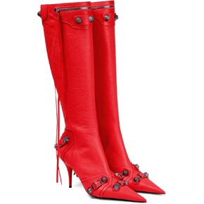 Women's Knee High Boots Pointed Toe Tassel Black Leather Boots Stilettos High Heel Boots Fashion Trendy Shark Boots Side Zipper