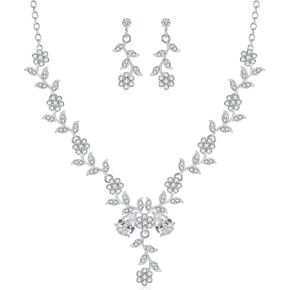 Prom Jewelry Set for Women, Necklace Dangle Earrings Set, Gold Plated Jewelry Set with Green Emerald Color Leaf Cluster Flower Crystal, Allergy Free Wedding Party Jewelry for Bridal Bridesmaid