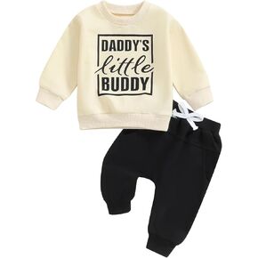 ZAXARRA Toddler Newborn Baby Boy Fall Outfits Letter Print Crew Neck Sweatshirt Tops SolidContrast Color Pants Casual Sets