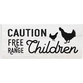 Stupell Industries Caution Free Range Children Sign Family Farm Birds, Designed by Daphne Polselli Wall Plaque, 17x7, Off- White