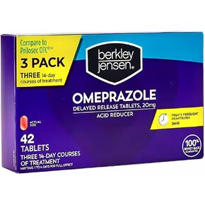 berkley jensen Omeprazole 20 mg Delayed Release Tablets - Heartburn Medicine- Acid Reducer Pills - Treats Frequent Heartburn - 3 x 14-Day Courses, 42 Count Total (Pack of 1)