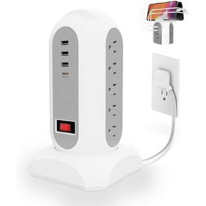 Tower Power Strip Flat Plug with 15 Outlets 4 USB, Surge Protector Tower 1250W/10A,900J Protection, 6 Feet Extension Cord Multiple Plug sockets with Phone Holder, Office Desk Supplies, Dorm Essentials
