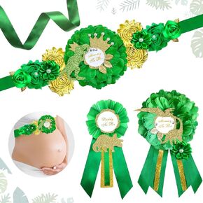 Greenery Mom to Be Maternity Sash for Dinosaur Baby Shower Decorations, Daddy Mommy to Be Badge Corsage Pin, Mother to Be Flower Pregnancy Belly Belt for Roar Gender Reveal Supplies Kit