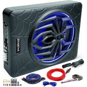 10" 1000W Slim Under Seat Powered Car Subwoofer, Car/Truck Audio Sub Built in Amplifier Combo, with Colorful LED Ambient Lights (RGB LED Subwoofer+Mounting Wire Kit)