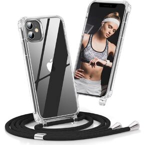 Crossbody for iPhone 12 Case,Necklace Cover with Cord Strap for iPhone 12 Pro with Adjustable Length Lanyard Rope Shockproof Hands-Free Clear Phone Cover for iPhone 12/12 Pro-Black