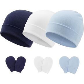 3 Pcs Newborn Baby Hat 0-6 Months Infant Cotton Beanie Baby Cap and Mitten for Newborn Baby Boy Girl Toddler