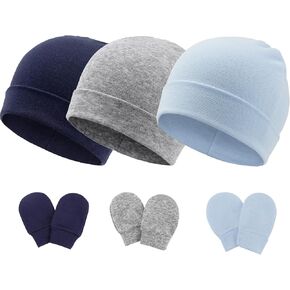 3 Pcs Newborn Baby Hat 0-6 Months Infant Cotton Beanie Baby Cap and Mitten for Newborn Baby Boy Girl Toddler