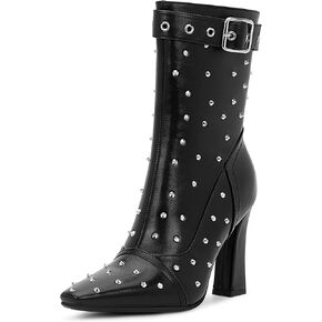 Women's Rivet High Heel Square Toe Ankle Boots Buckle Strap Dress Booties