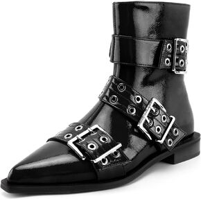 KaroNairy Ankle Boots for Women Wide Buckle Boots Pointed Toe Low Heel Boots Pull on Fashion Dress Short Boots