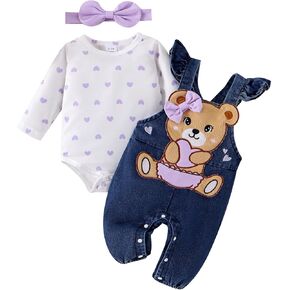 Baby Girl Clothes Outfits Fall Winter Cute Love Romper Bear Cartoon Overalls Jeans Pants Headband Set 0-18 Months
