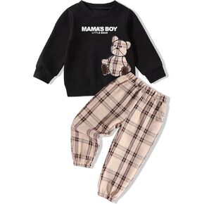 Crazyme Toddler Boy Clothes Baby Bear Long Sleeve Top with Plaid Pants Toddler Sweatsuit Baby Boy Fall Clothes 12 Months-4T