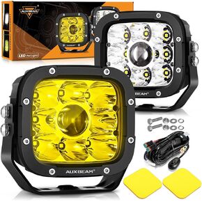Auxbeam 5 Inch LED Driving Lights with Amber Covers, 110W Super Bright Offroad Spot Lights Square LED Pods Cube Light Bar Amber Yellow Fog Lights for Truck Jeep Polaris GMC Ford Bumper, 2PCS