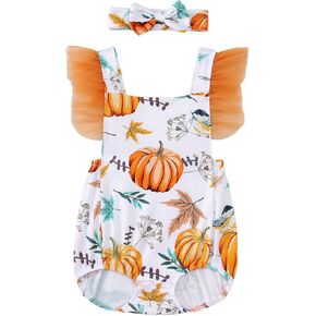 BOUTIKOME 1ST Halloween Outfit Infant Baby Girl Pumpkin Onesie Thanksgiving Romper Headband Set Shirt Jumpsuit 3-18 Months