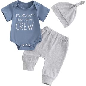 Newborn Baby Boy Clothes New To The Crew Outfits Short Sleeve Romper Long Pants And Hat Coming Home Outfit