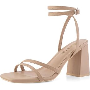 Shoe'N Tale Strappy Heels for Women Square Toe Chunky Block Heels Square Toe Ankle Strap Sandals