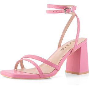 Shoe'N Tale Strappy Heels for Women Square Toe Chunky Block Heels Square Toe Ankle Strap Sandals